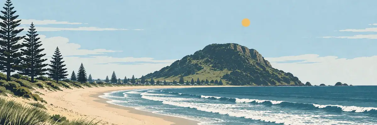 Screen-print illustration of Mount Maunganui Main Beach, Tauranga City