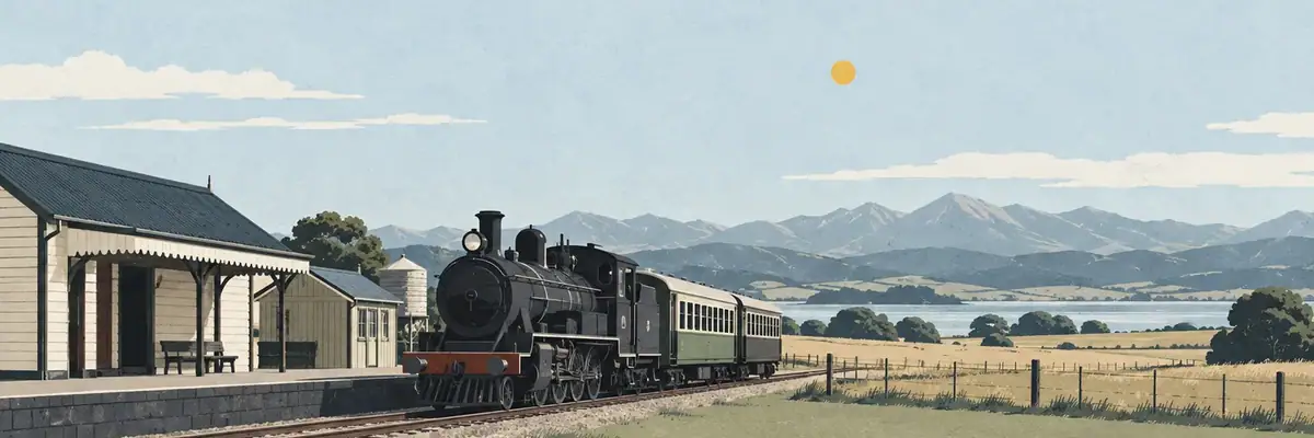 Screen-print illustration of the heritage railway’s steam locomotive, Pleasant Point
