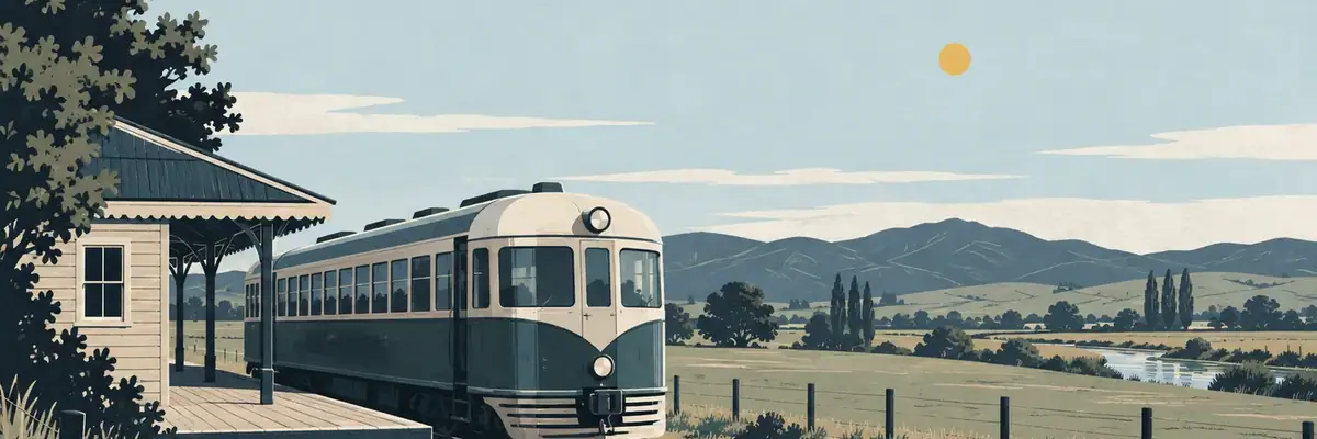 Screen-print illustration of Pahiatua heritage railcars at the station