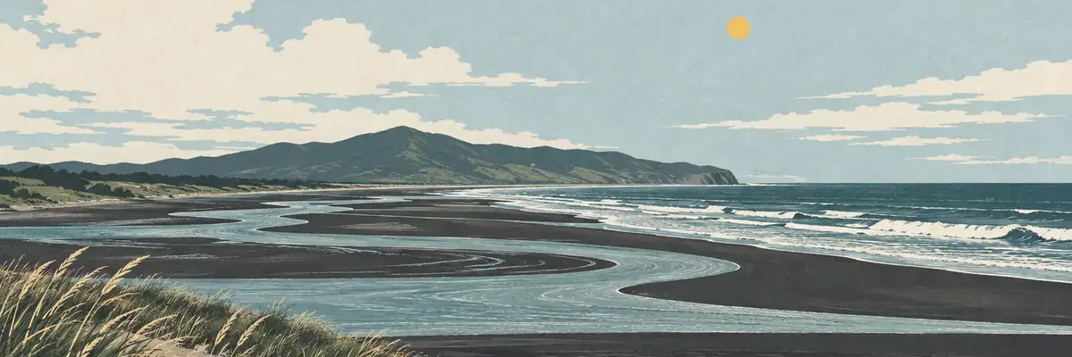 Screen-print illustration of Ōtaki River mouth and black-sand shore, Ōtaki Beach