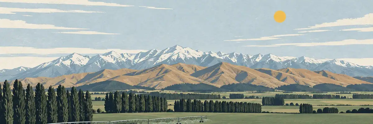 Screen-print illustration of irrigated plains and long shelterbelts at Kirwee beneath the Malvern Hills