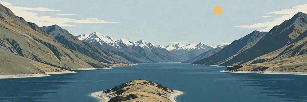 Screen-print illustration of Lake Hāwea from The Neck