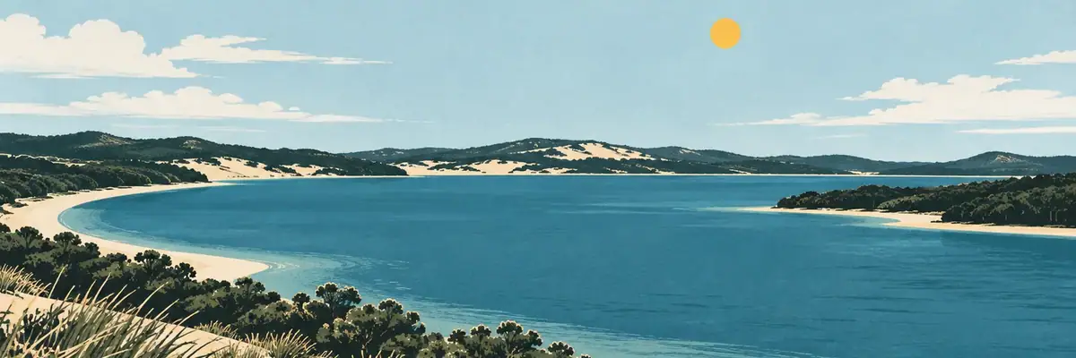 Screen-print illustration of the clear blue lakes among the Kaipara dunes