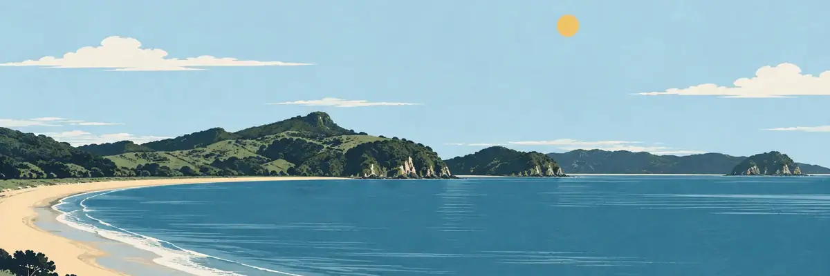 Screen-print illustration of the sheltered blue sweep of Mercury Bay beside Whitianga