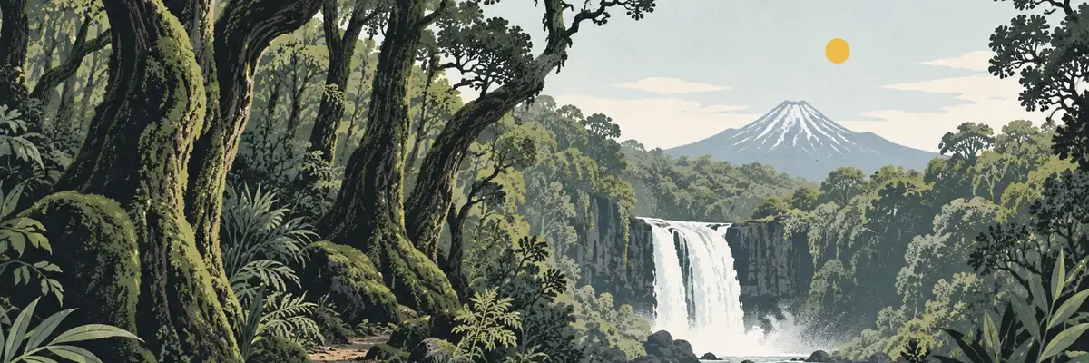 Screen-print illustration of the moss-covered forest around Dawson Falls, Stratford District