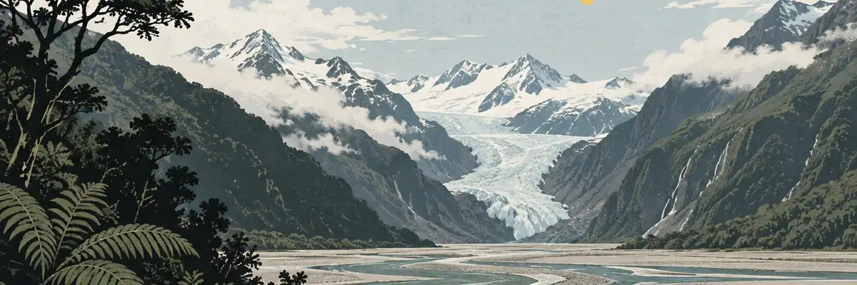 Screen-print illustration of Franz Josef Glacier/Kā Roimata o Hine Hukatere valley beneath the Southern Alps, West Coast