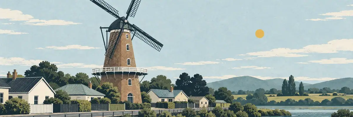 Screen-print illustration of De Molen windmill, Foxton