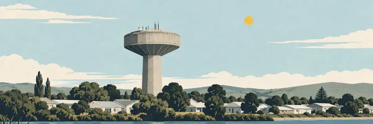 Screen-print illustration of the mushroom-shaped Bulls water tower