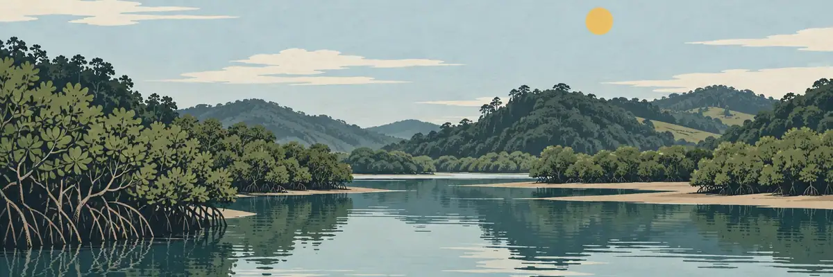 Screen-print illustration of the mangrove-edged upper tidal reach of the Ngunguru River