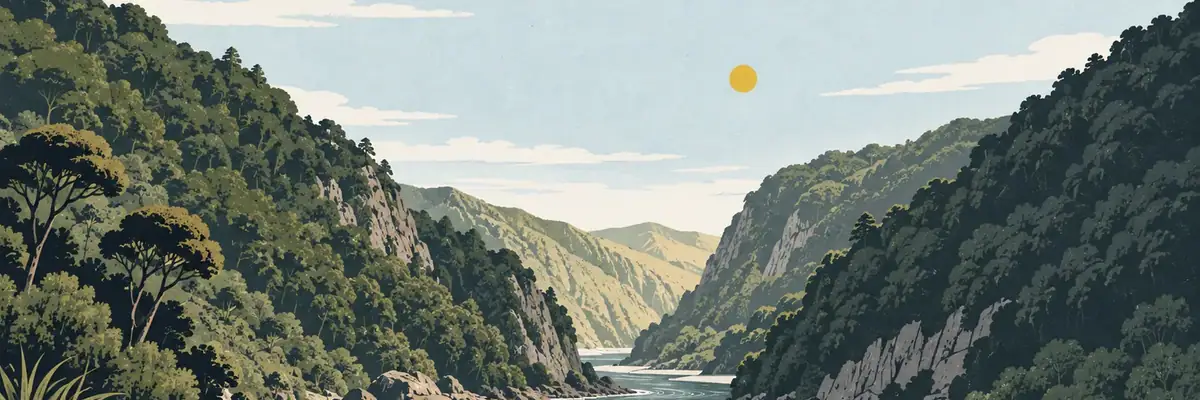 Screen-print illustration of Te Āpiti-Manawatū Gorge, Ashhurst