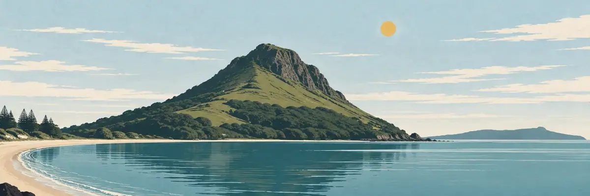 Screen-print illustration of Mauao rising above Pilot Bay, Tauranga