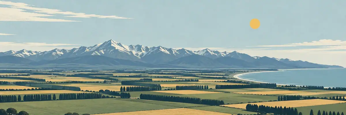 Screen-print illustration of the patchwork Canterbury Plains running from the coast to the Southern Alps