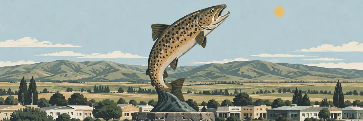 Screen-print illustration of Gore’s giant brown trout statue on its stone plinth on dry ground, with the Hokonui Hills and Mataura plains behind.
