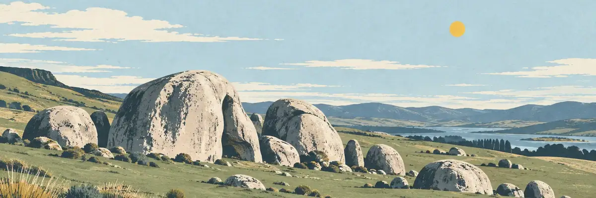 Screen-print illustration of Elephant Rocks, Waitaki District
