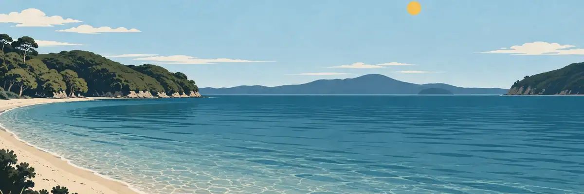 Screen-print illustration of the clear blue water and sandy shore of Whangamatā Bay on Lake Taupō, Kinloch