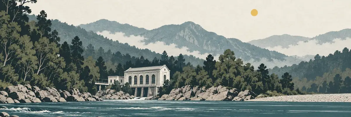 Screen-print illustration of the Inangahua River and historic powerhouse, Reefton