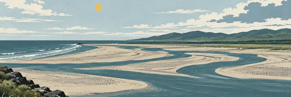 Screen-print illustration of the Buller River mouth and Westport bar