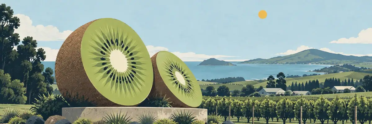 Screen-print illustration of the oversized kiwifruit sculptures at Te Puke’s entrance