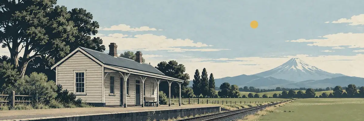 Screen-print illustration of the oldest railway station building on its original site in New Zealand, Inglewood