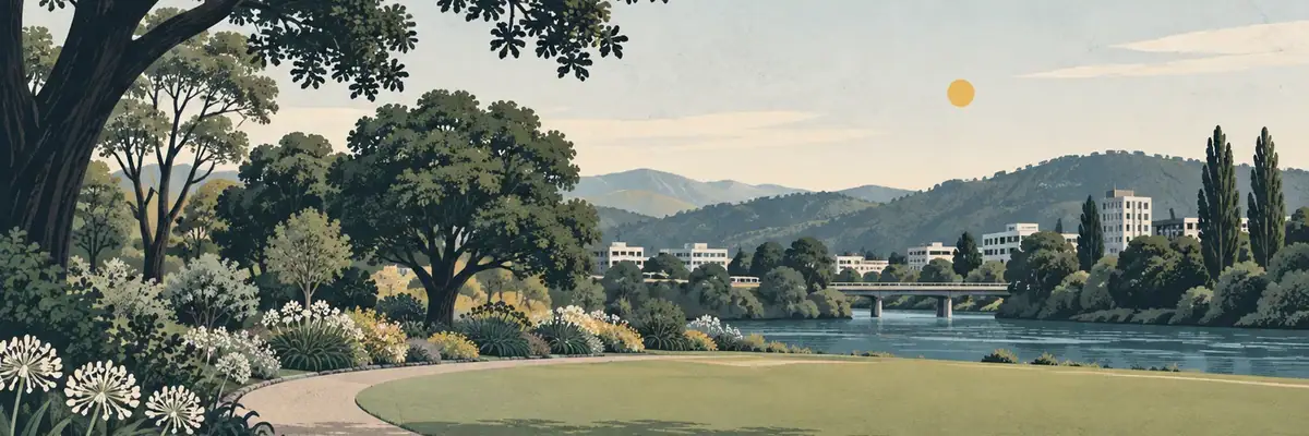 Screen-print illustration of Riddiford Gardens, Lower Hutt