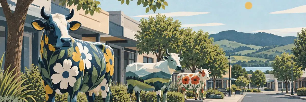 Screen-print illustration of the colourful life-size cow sculptures in Morrinsville town centre