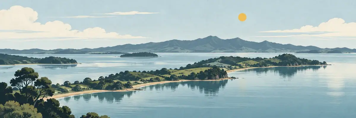 Screen-print illustration of the long peninsula reaching into Tauranga Harbour, Ōmokoroa