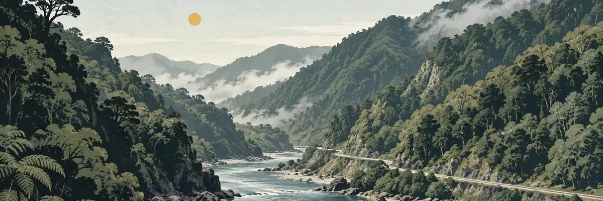 Screen-print illustration of the forested Waioweka Gorge, Ōpōtiki District