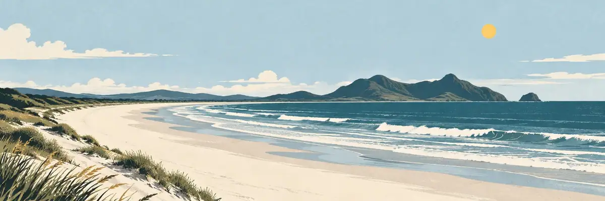 Screen-print illustration of the white-sand sweep of Ruakākā Beach across Bream Bay