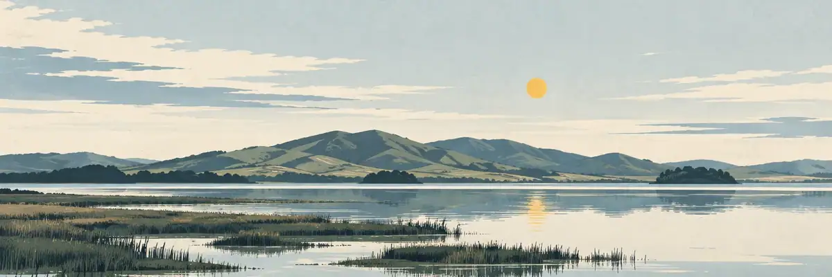 Screen-print illustration of Wairarapa Moana wetlands, South Wairarapa District