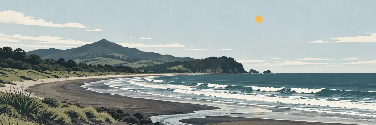 Screen-print illustration of the surf beach and sandy river mouth at Ōakura