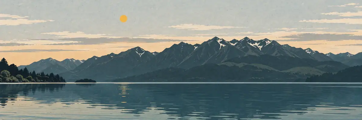 Screen-print illustration of Lake Te Anau waterfront and the Murchison Mountains