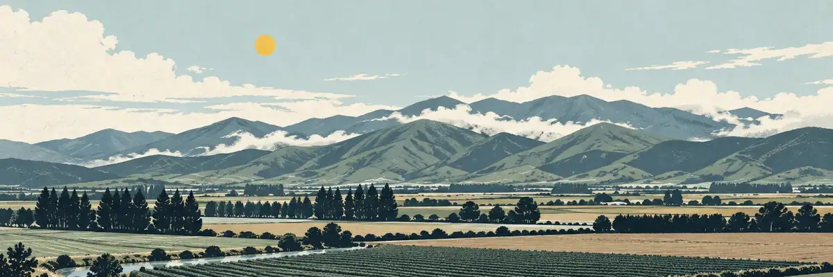 Screen-print illustration of Horowhenua’s inland green plains and Tararua foothills
