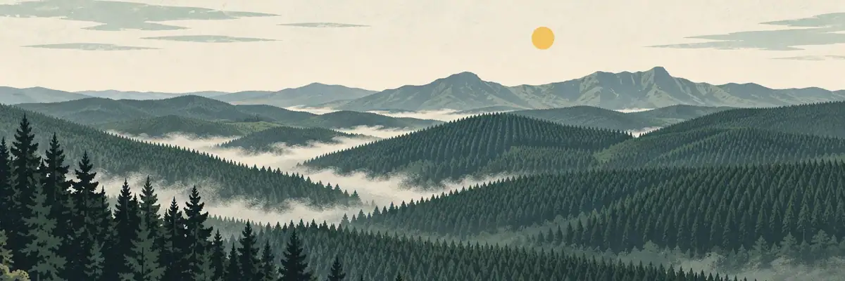 Screen-print illustration of the vast planted forest around Murupara