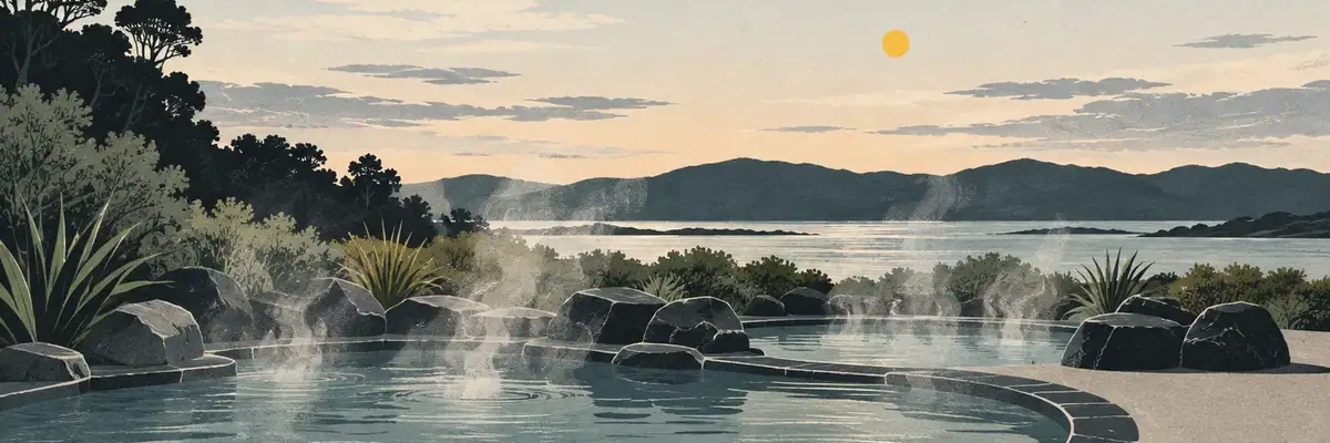 Screen-print illustration of the open-air geothermal pools at Parakai