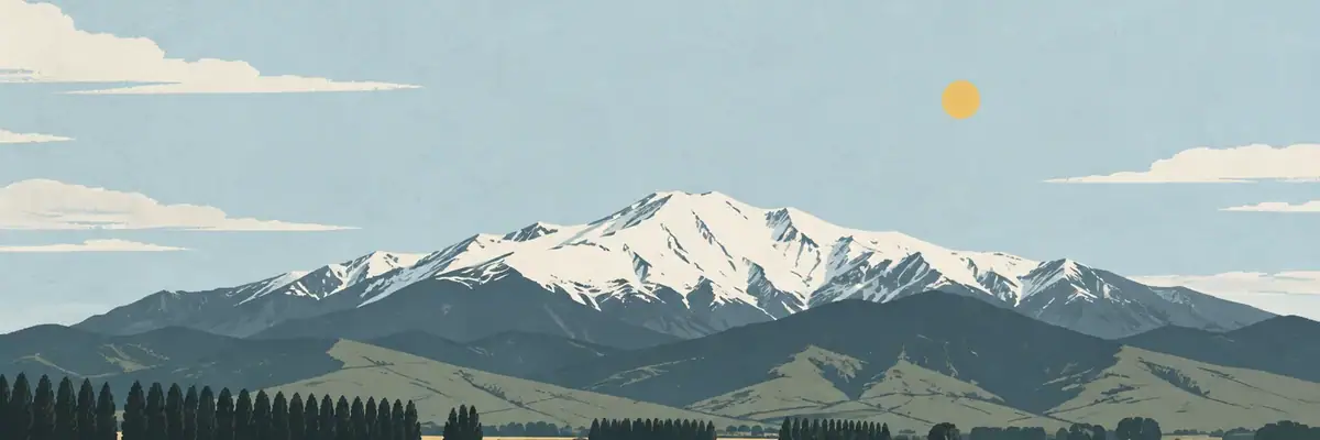 Screen-print illustration of Mount Hutt rising above the plains west of town, Methven