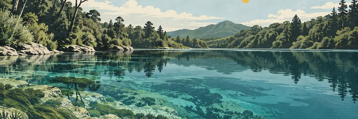 Screen-print illustration of Te Waikoropupū Springs, Tākaka