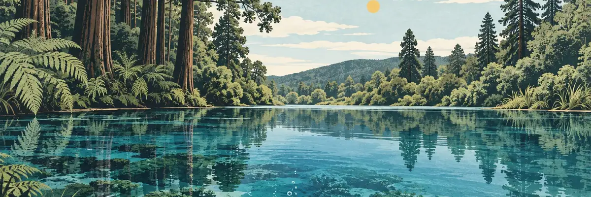 Screen-print illustration of the crystal-clear blue Hamurana Springs under tall redwoods