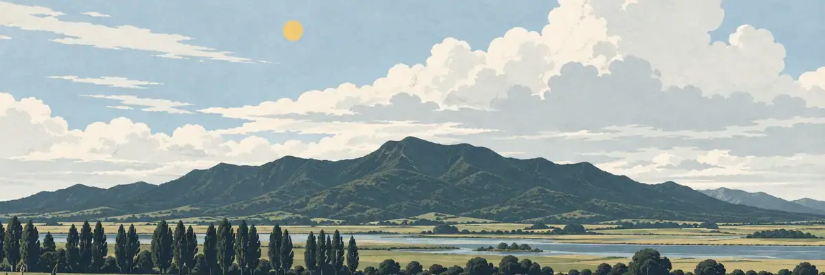 Screen-print illustration of the broad Awanui flats beneath the bush-clad Maungataniwha Range, Kaitāia