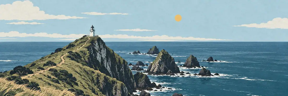 Screen-print illustration of Nugget Point and Tokata Lighthouse, Clutha District