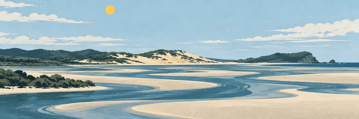 Screen-print illustration of the tidal sandspit and estuary at Mangawhai