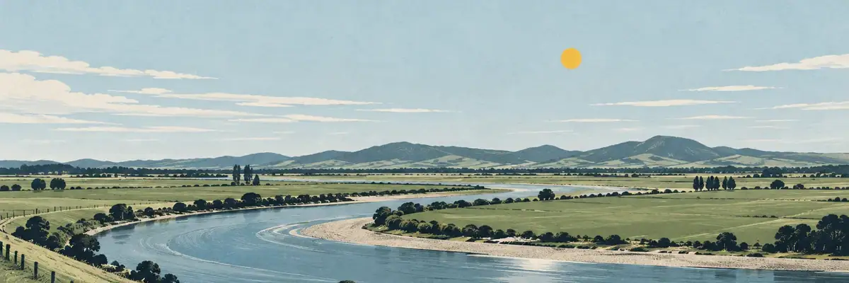 Screen-print illustration of Rangitāiki River across the fertile plains, Edgecumbe