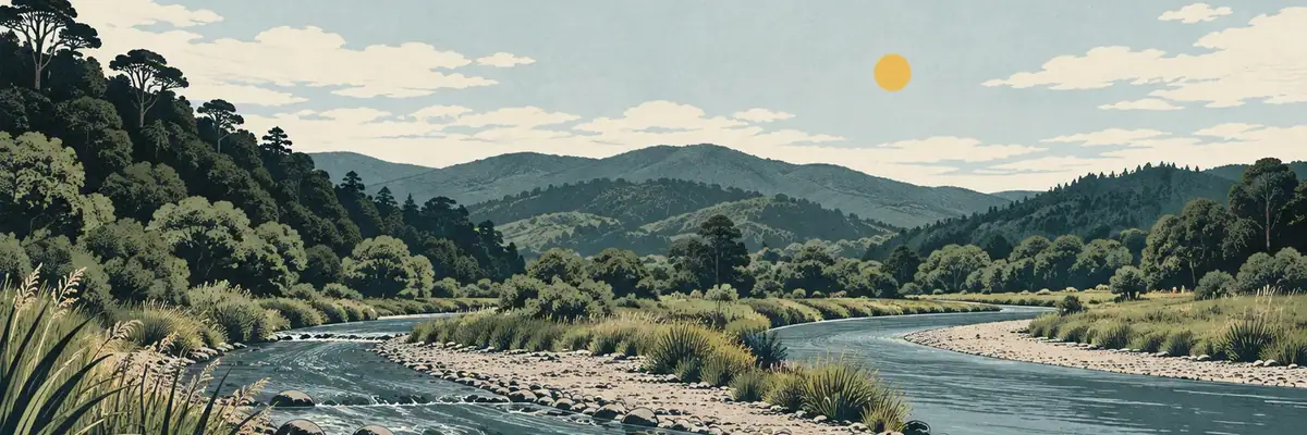 Screen-print illustration of the twin streams and forested hills at Moerewa’s edge