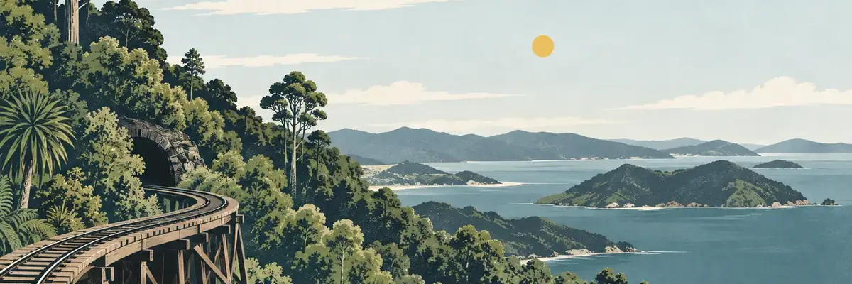 Screen-print illustration of the narrow-gauge railway climbing through native bush above Coromandel Town