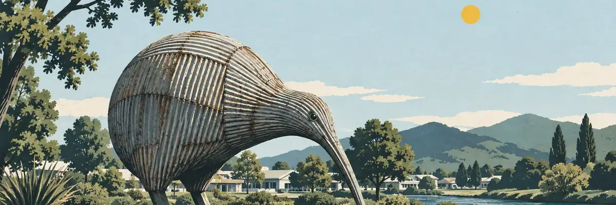 Screen-print illustration of the large corrugated iron kiwi sculptures in Ōtorohanga