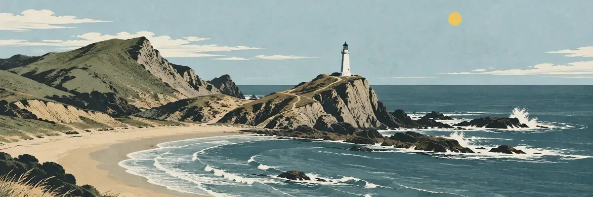 Screen-print illustration of Castlepoint coastline and lighthouse, Masterton District