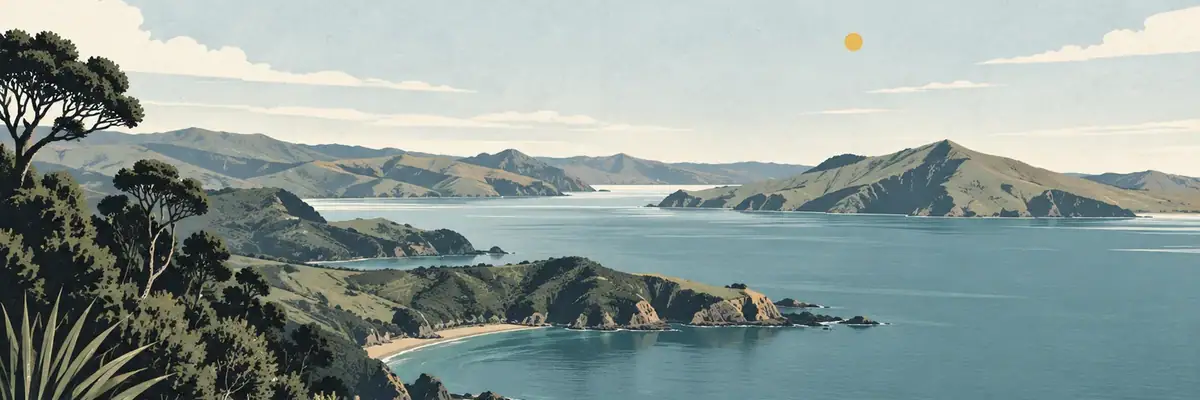 Screen-print illustration of the bays and volcanic headlands of Lyttelton Harbour, Diamond Harbour