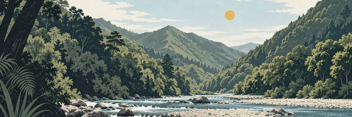 Screen-print illustration of Kaitoke Regional Park river valley, Upper Hutt City