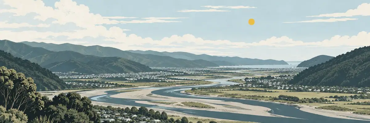 Screen-print illustration of the Hutt River valley, Lower Hutt City