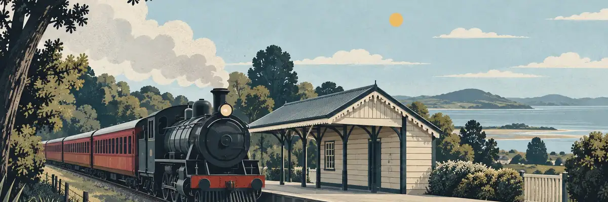 Screen-print illustration of a restored steam train approaching Waiuku’s Victoria Avenue station