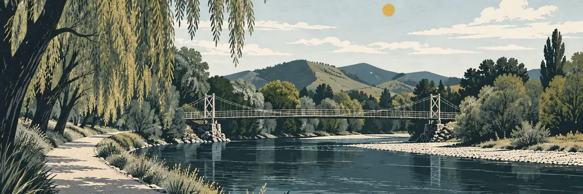 Screen-print illustration of the riverside trail at Russell Park, Waipukurau